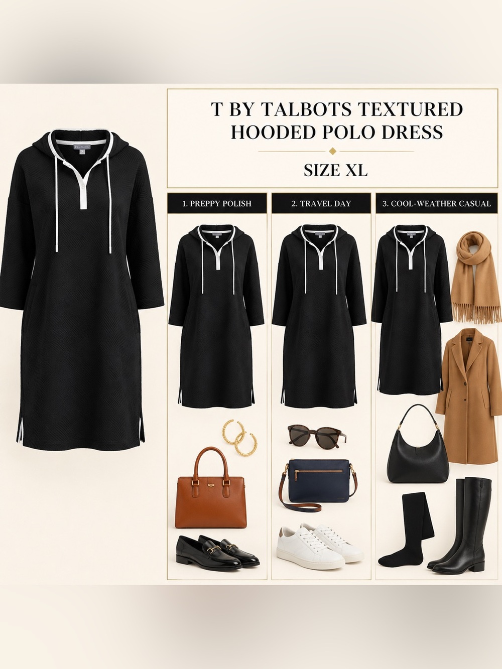 T by Talbots Black Textured Hooded Polo Dress Size XL